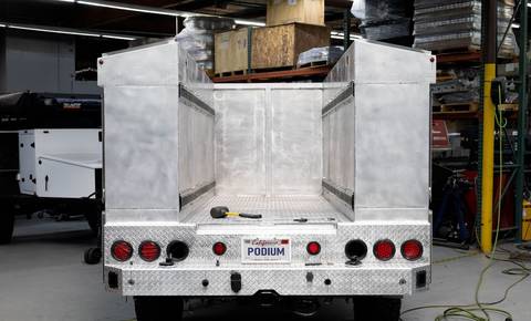 Podium aluminum service bed build for fleet & work trucks